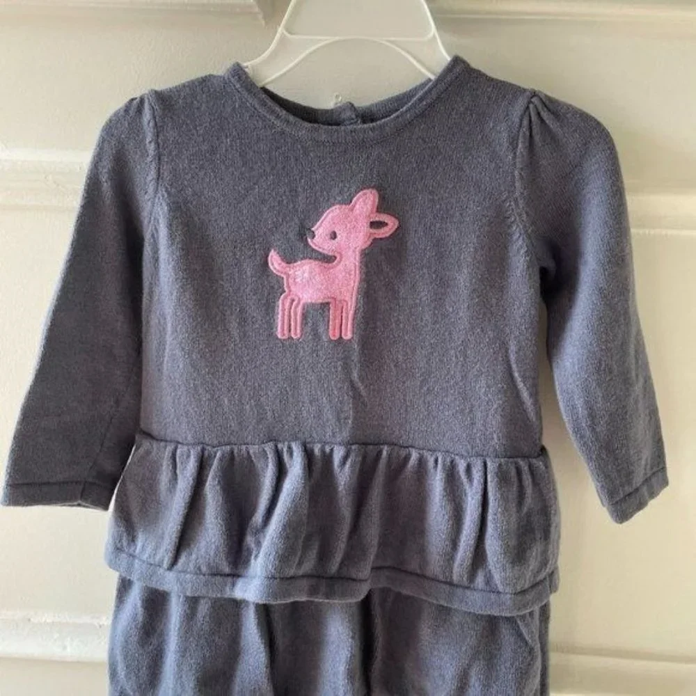 Gymboree Gray Knit Toddler Baby Dress 6-12M Pink Deer Applique